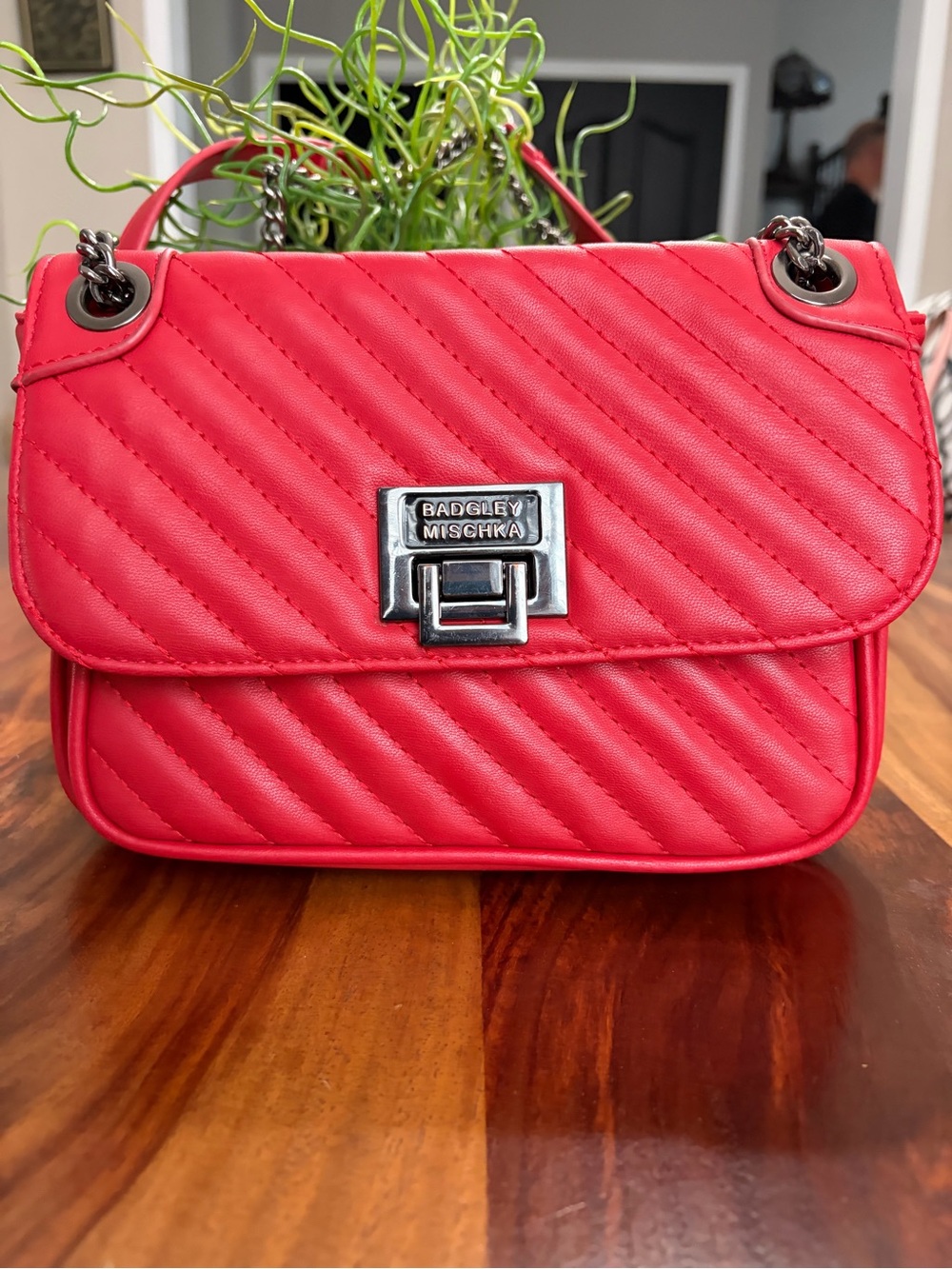 Badgley Mischka Bright Red Quilted Chain Crossbody